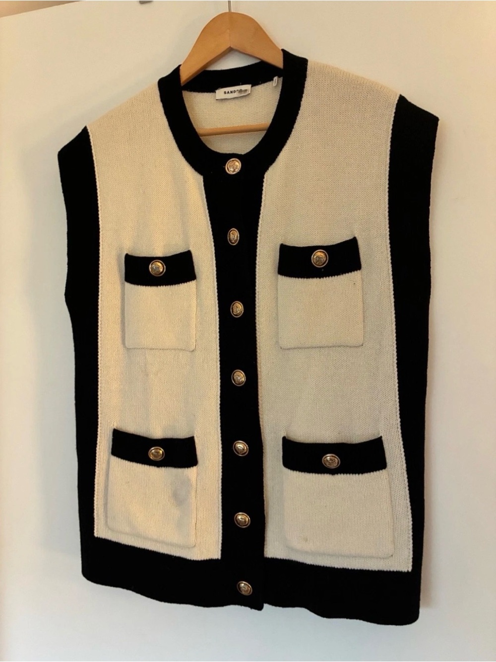 Sandro Colorblock Wool Knit Sweater Vest Crew Neck Button Front Pockets